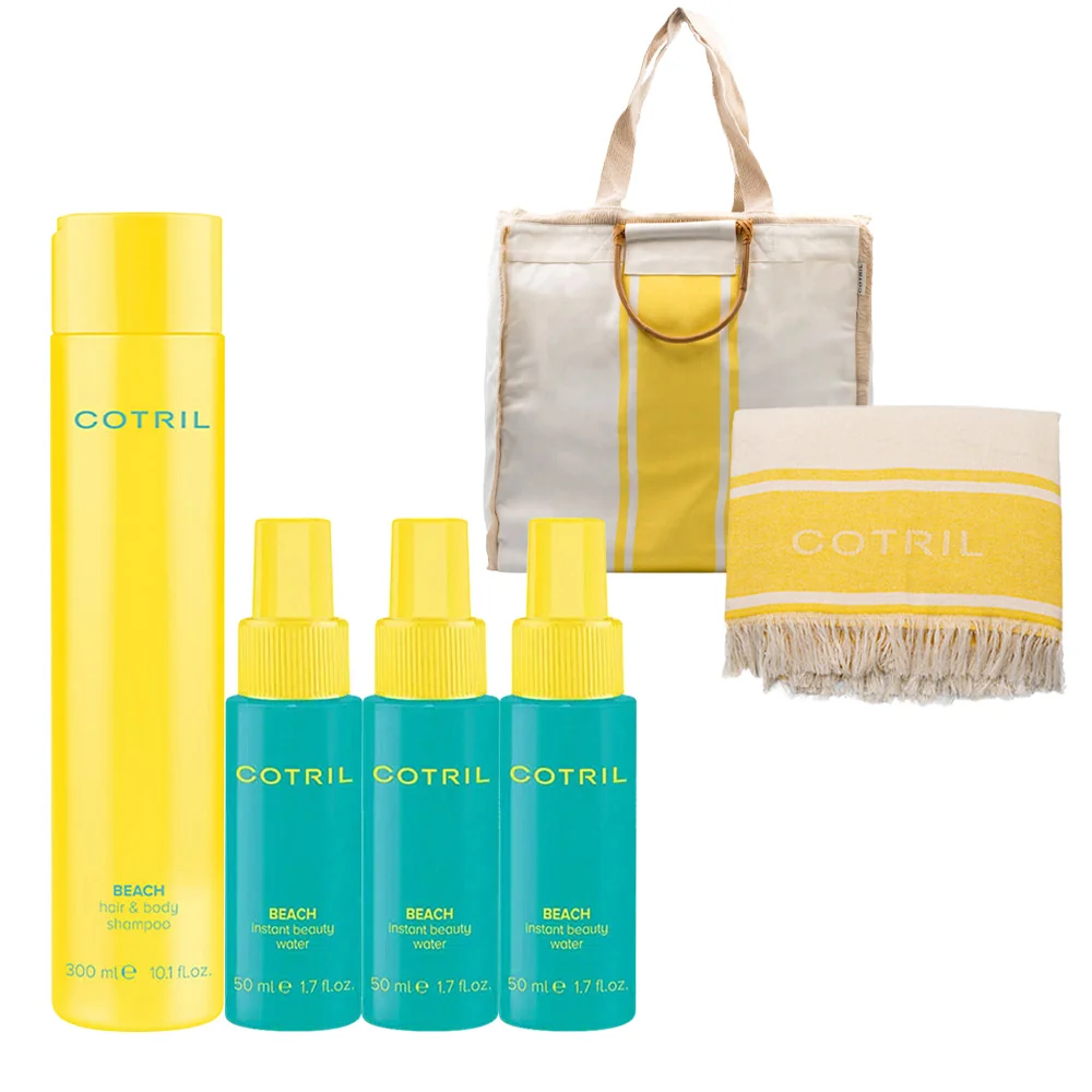 Cotril Beach Hair & Body Shampoo 300ml  Instant Beauty Water 50mlx 3 pz + Borsa  e Telo Mare  OMAGGIO