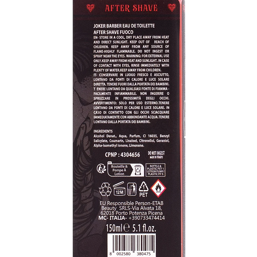 Joker Barber Eau de Toilette After Shave Fuoco 150ml - dopobarba profumato  - Image 3