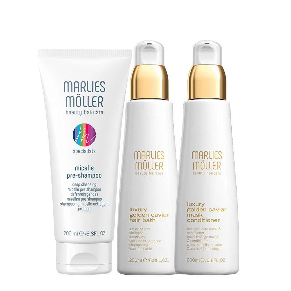 Marlies Möller Micelle Pre-Shampoo 200ml  Golden Caviar  Hair Bath 200ml  Golden Caviar  Mask Conditioner 200ml