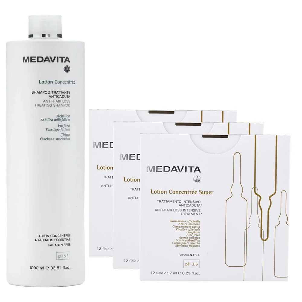 Medavita Cute Lotion Concentree Rituale Anticaduta Trattamento Completo Shampoo 1000ml e Fiale Super 12x7ml x3